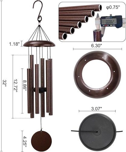 32" Deep Tone Wind Chimes for Outside, C Major Tuned Memorial Wind Chime with Gift Envelope & Box, Aluminum Garden Wind Chime for Patio Porch Decor, Classic Round, Bronze