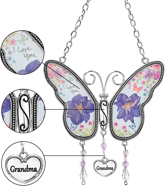 Butterfly Suncatcher with Pressed Flower Wings, Butterfly-Shaped Glass Wind Chimes with Real Flowers, Grandma Heart Charm Wind Chime Gifts for Grandma Mother's Day