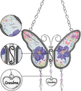 Butterfly Suncatcher with Pressed Flower Wings, Butterfly-Shaped Glass Wind Chimes with Real Flowers, Grandma Heart Charm Wind Chime Gifts for Grandma Mother's Day