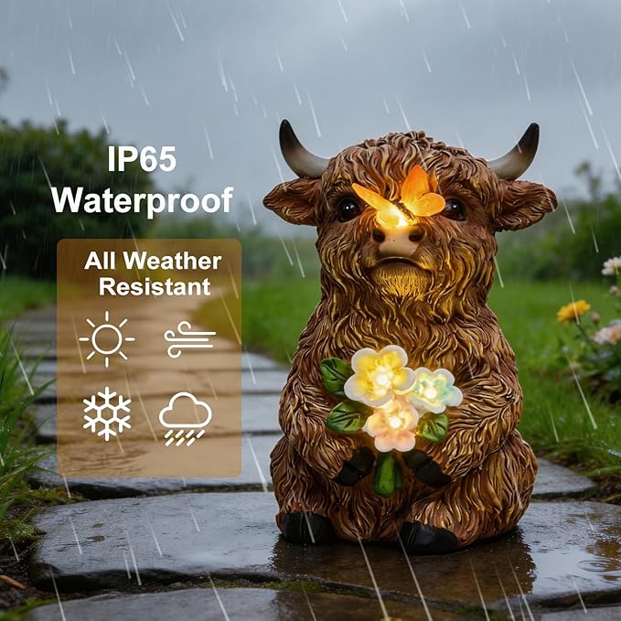 Solar Highland Cow Outdoor Statue, Garden Sculpture with Lighted Butterfly & Flowers Decor, Highland Cow Figurine for Patio Yard Lawn Ornaments for Birthday