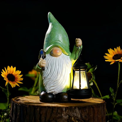 Gnome Statue with Solar Lantern - 4.92L x 9.92H Garden Figurines for Home and Garden Decor, Gnome Decorations Gift Ideas, Gifts for Women Mom