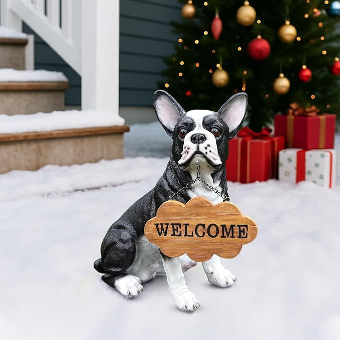 Outdoor Boston Terrier Dog Statue with Interchangeable Welcome Sign and Detachable Solar Lantern –LED Light Garden Dog Sculpture Décor Garden Statue Outdoor Dog Statue for Yard Gift