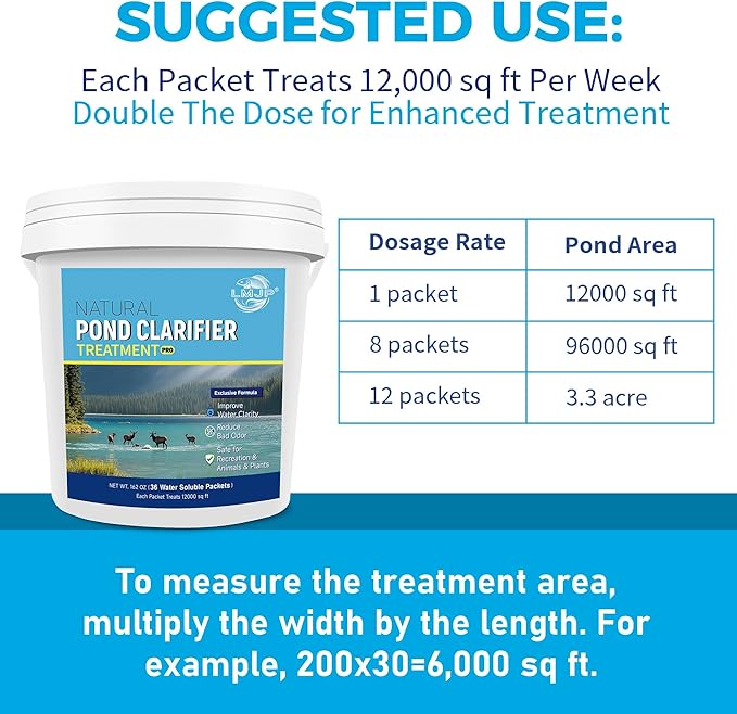 LMJP Pond Clarifier Treatment – 36 Packets Natural Pond Water Clear for Outdoor Lakes – Beneficial Enzymes to Improve Water Clarity & Eliminate Odor – Treats Up to 432,000 Sq Ft
