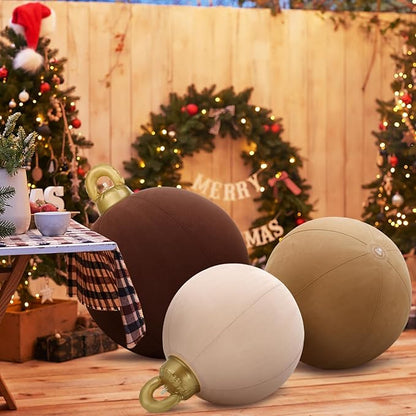 Jenaai 3 Pcs Giant Velvet Christmas Inflatable Ball Ornament Large PVC Christmas Inflatable Balls 3 Size 24" 20" 18" Xmas Hanging Ornaments Outdoor Decor for Lawn Porch Yard (Neutral)