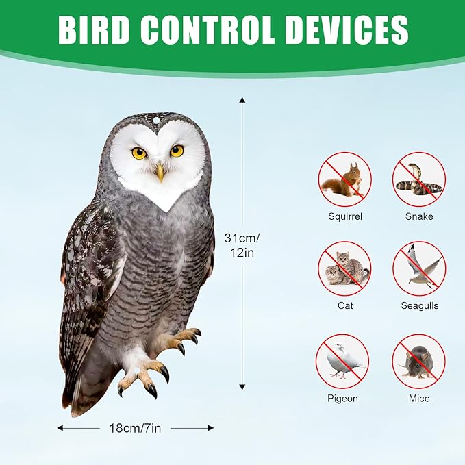 Owls to Keep Birds Away: 4Pcs Fake Owl with Reflective Tape for Orchard Garden Patio Pool, Reflective Hanging Decoration to Keep Birds Pigeon from Windows Tree Vineyard