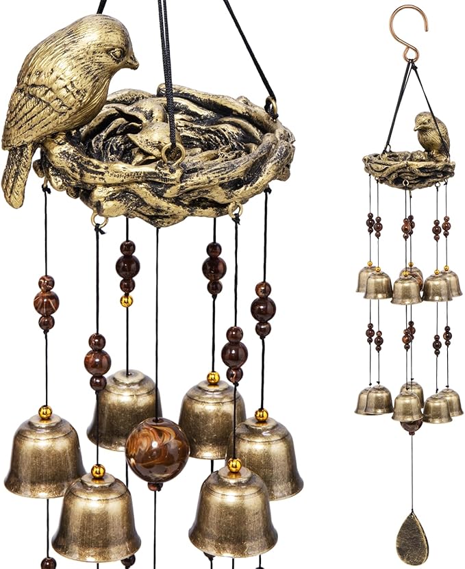 Bird Nest Wind Chime, A Mother‘s Love in Every Breeze | 25” Bronze Resin Nest with 12 Wind Bells, Soothing Gift for Mother's Day, Garden, Yard, Patio Decor
