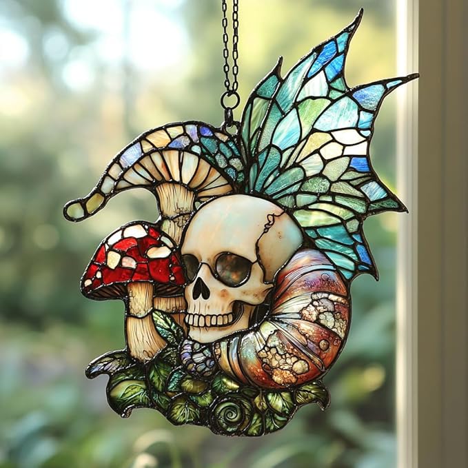 Boho Skeleton Mushroom Acrylic Suncatcher Stained Glass Effect Window Car Hanging Christmas Ornament Indoor Outdoor Decor Garden Sun Catcher Panel for Boho Lover for Women Mom Grandma