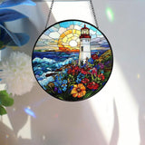 Bimkole Lighthouse Stained Glass Suncatcher Window Hanging - Landscapes Design for Indoor Window or Doorway Decoration - 7.87x7.87 inch with Chain and Hook - Unique Home Decor Gift