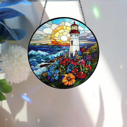 Bimkole Lighthouse Stained Glass Suncatcher Window Hanging - Landscapes Design for Indoor Window or Doorway Decoration - 7.87x7.87 inch with Chain and Hook - Unique Home Decor Gift