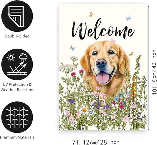 Floral Golden Retriever Garden Flag Spring Summer House Flags 28 x 40 Double Sided Flower Dog Yard Flags for Outside Large Outdoor Welcome Flags