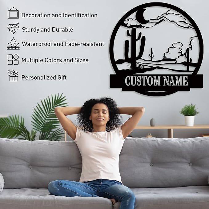 Custom Cactus Metal Sign | Metal Name Signs | Letter Monogram Family Sign | Moon Metal Wall Art | Outdoor Metal Art | Last Name Sign | Personalized Wedding Gift | Housewarming Gifts | Home Decor Sign