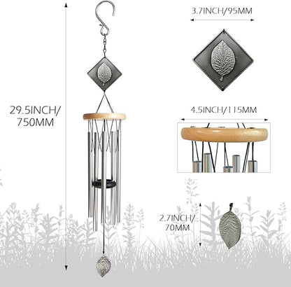 Wind Chimes for Outside,29" Lucky Leaf Memorial Wind Chimes Create a Zen Atmosphere for Oudoor,Garden Patio Yard Decor,Lucky Gift for Women/Mother/Father/Christmas/Unisex(Silver)