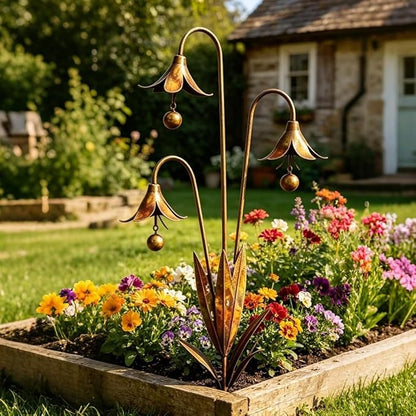 Triple Bluebells Garden Stake with Bell, Rustic Flower Yard Art Decor, Weather Resistant Outdoor Lawn Ornament, Handmade Floral Garden Decoration (1pc)