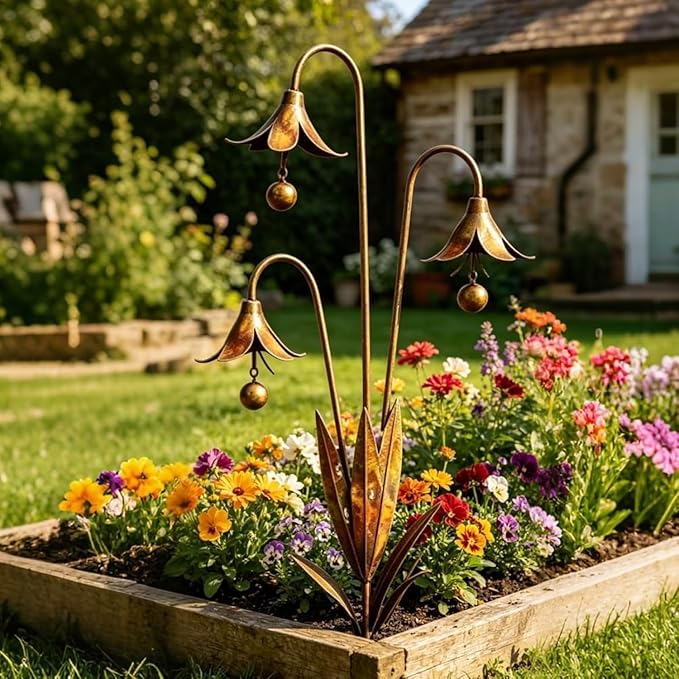 Triple Bluebells Garden Stake with Bell, Rustic Flower Yard Art Decor, Weather Resistant Outdoor Lawn Ornament, Handmade Floral Garden Decoration (2pcs)