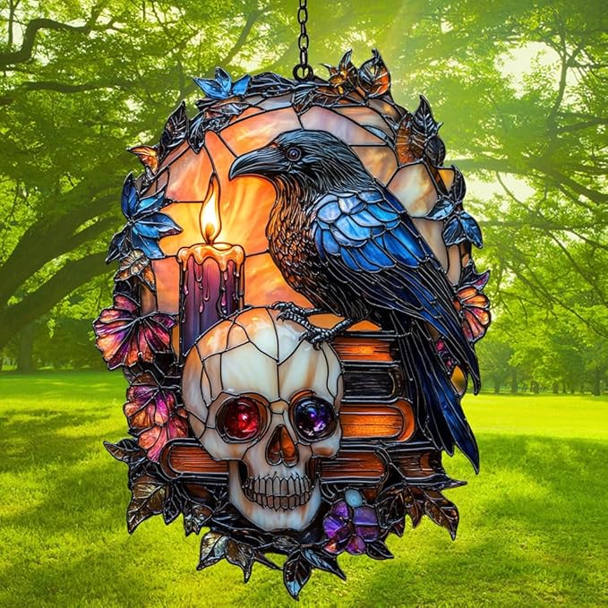 Gothic Raven and Skull Acrylic Suncatcher Stained Glass Effect Window Car Hanging Christmas Ornament Indoor Outdoor Decor Garden Sun Catcher Panel for Gothic Lover for Women Mom Grandma