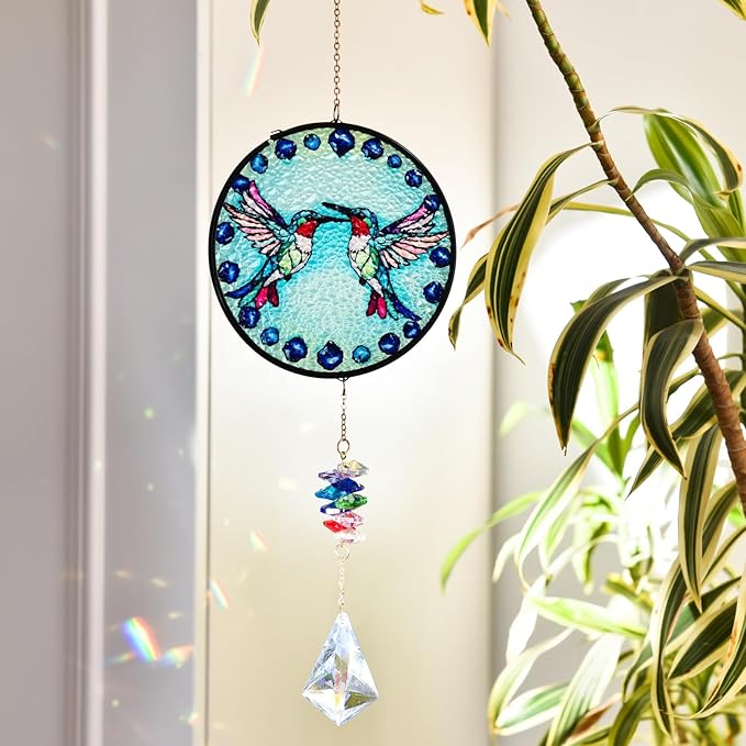 Stained Glass Hummingbird Suncatcher with Crystal Prism, Colorful Crystal Suncatcher for Home, Garden, and Patio, Window Ornament, Birthday Gift