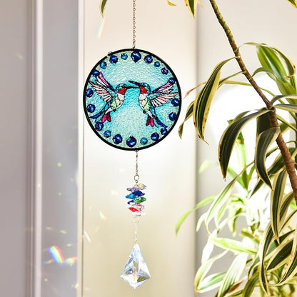 Stained Glass Hummingbird Suncatcher with Crystal Prism, Colorful Crystal Suncatcher for Home, Garden, and Patio, Window Ornament, Birthday Gift