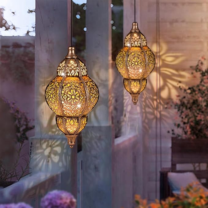 Hanging Solar Lantern Outdoor Decor, Moroccan Solar Lights for Outside Garden Decorations, Waterproof Solar Lanterns Garden Gifts for Mom, Women, Patio, Yard Ornament (Coppers)