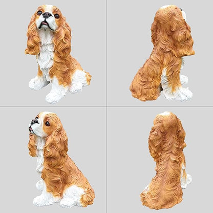 Cavalier King Charles Spaniel Dog Garden Statue with Solar Lantern, Lifelike Outdoor Puppy Sculpture with Interchangeable Welcome & On Patrol Sign, Resin Yard Art Decor for Patio Lawn Porch