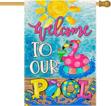 Baccessor Summer Pool Flamingo House Flag Vertical Double Sided Summer Welcome to our Pool Large Yard Flag Double Sided 28x40 Inch Burlap Vertical Seasonal Farmhouse Yard Outdoor Decoration