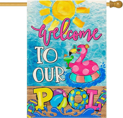 Baccessor Summer Pool Flamingo House Flag Vertical Double Sided Summer Welcome to our Pool Large Yard Flag Double Sided 28x40 Inch Burlap Vertical Seasonal Farmhouse Yard Outdoor Decoration