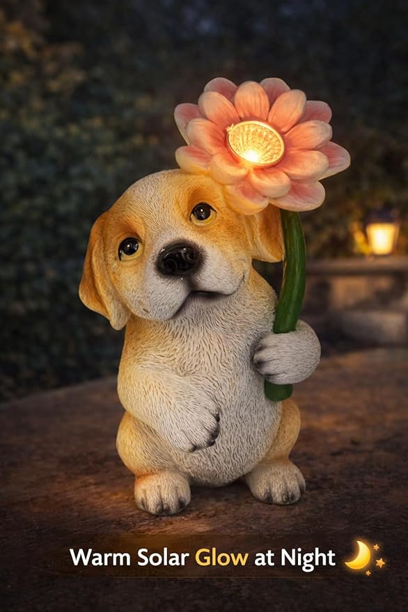 GoGnome Solar Dog Garden Statue with LED Flower – Hand-Painted Resin Puppy Figurine, Solar Powered Outdoor Garden Decor, Auto On/Off Yard Light Gift (Puppy)