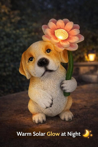 GoGnome Solar Dog Garden Statue with LED Flower – Hand-Painted Resin Puppy Figurine, Solar Powered Outdoor Garden Decor, Auto On/Off Yard Light Gift (Puppy)
