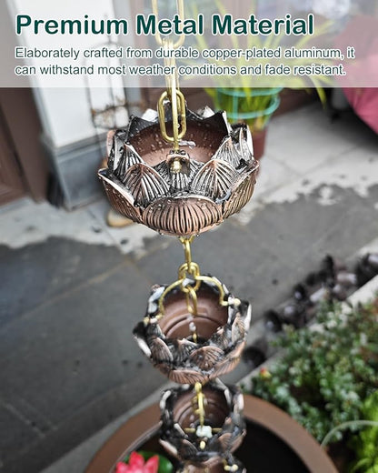 Lotus Rain Chain Cups for Outside, 5 Cups per Meter, Decorative Gutter Downspout Diverter Rain Catcher, Copper Exquisite Rain Chimes Easy Hanging,2.4m (8ft)