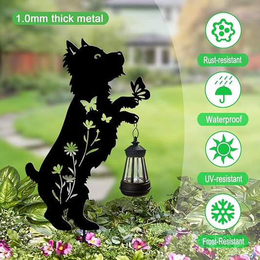 Solar Lights Outdoor Pathway,2 Pack Metal Yorkie Decor with Solar Lantern Garden Stakes,Outside Decorations for Yard,Lawn,Patio,Perfect Dog Gifts for Women