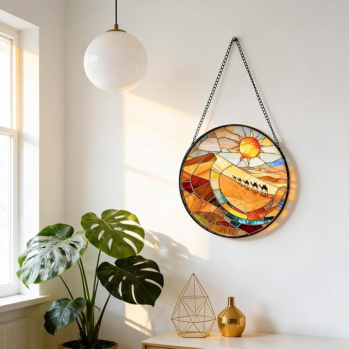 7.8 Inch Stained Glass Window Hanging Desert and Camel Suncatcher Decor for Birthday for Women, Men, Wife, Aunt, and Mom
