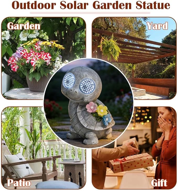 Outdoor Solar Garden Statue, Dynamic LED Light with Flower Sculpture, Art Decor for Patio Porch Lawn Backyard, Housewarming Gifts for Women (Stone Turtle)