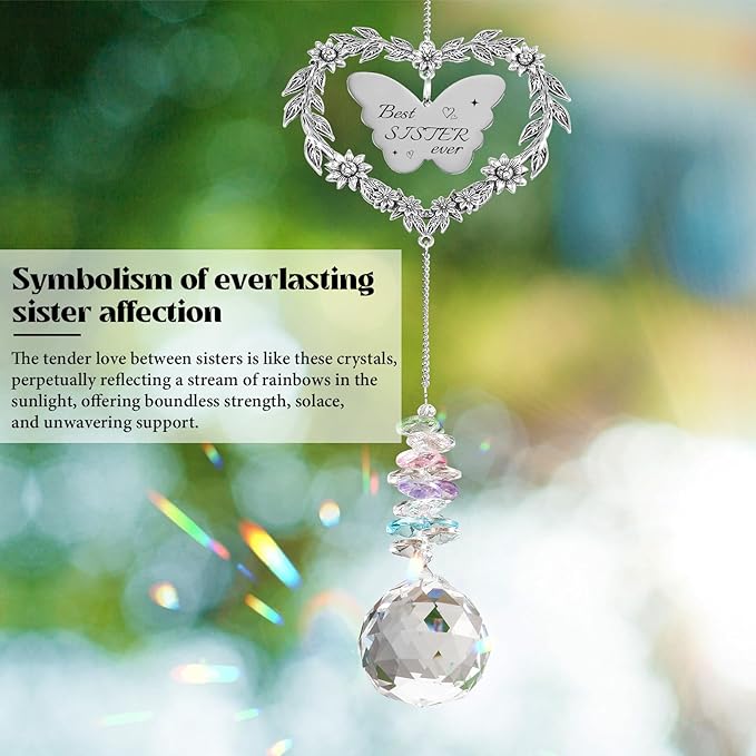 Suncatcher Gift for Sister Birthday, Best Sister Ever Crystal Hanging Ornament, Unique Sun Catcher for Indoor Windows, Heart Shaped Rainbow Maker