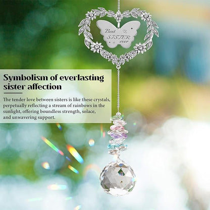 Suncatcher Gift for Sister Birthday, Best Sister Ever Crystal Hanging Ornament, Unique Sun Catcher for Indoor Windows, Heart Shaped Rainbow Maker