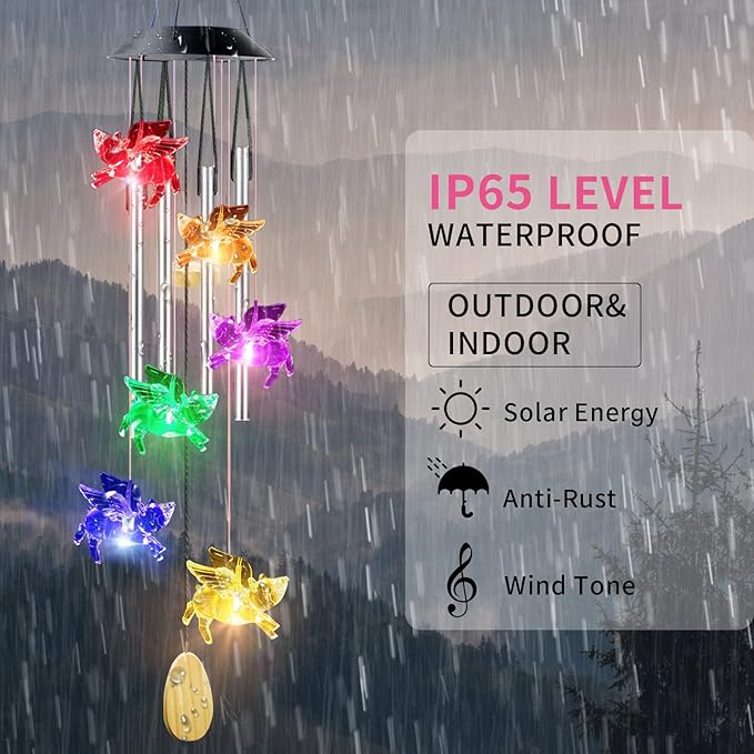 Pig Solar Wind Chimes with 4 Music Aluminum Tubes, 7 Colors Changing Outdoor Waterproof Flying Pig LED Wind Bell, Patio Garden Yard Decor(Mom, Women, Gardening Gifts)