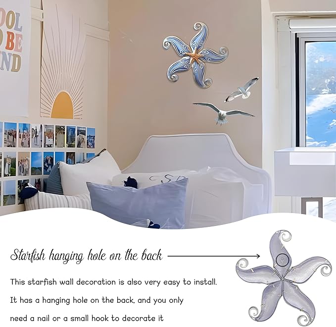 POXOHO Starfish Nautical Bathroom Decor, Starfish Coastal Wall Decor Art for Bedroom House Home, 12" Hanging Glass Sculpture, Beach Wall Art Ocean Gifts for Women & Men (Purple)
