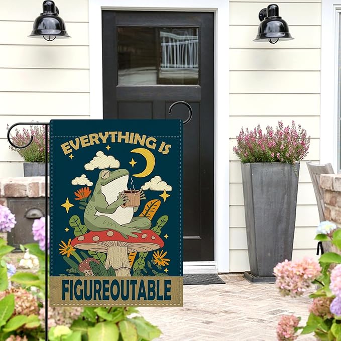 Dyrenson Inspirational Frog Everything is Figureoutable Decorative Garden Flag, Motivational Mushroom Yard Outside Home Decoration, Funny Positive Farmhouse Outdoor Small Decor Double Sided 12 x 18