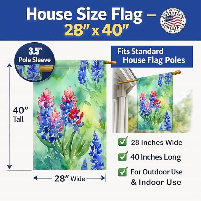 Caroline's Treasures Texas Bluebonnets in Watercolor House Flag Large Porch Sleeve Pole Decorative Outside Yard Banner Artwork Wall Hanging, Polyester, House Size, Multicolor