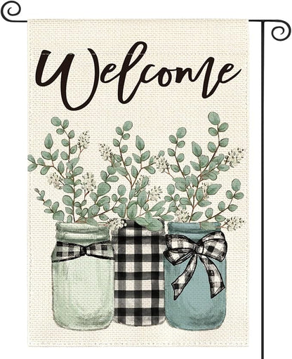 AVOIN colorlife Eucalyptus Mason Jar Spring Summer Garden Flag 12x18 Inch Double Sided Outside, Buffalo Plaid Welcome Yard Outdoor Flag