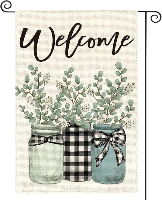 AVOIN colorlife Eucalyptus Mason Jar Spring Summer Garden Flag 12x18 Inch Double Sided Outside, Buffalo Plaid Welcome Yard Outdoor Flag
