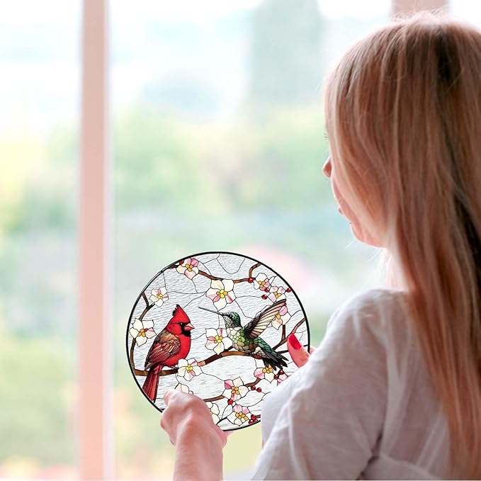 Cardinal&Hummingbird Stained Glass Window Hanging Birds Sun Catcher Cardinal Lover Gifts for Women Christmas Lovebirds Suncatchers for Garden Home Windows Hanging Decoration, 7.87inch