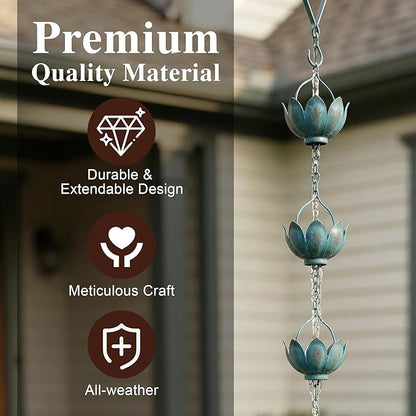 Metal Rain Chain Decoration 8.5FT., Rain Catcher Metal Chain Gutter Downspout 104'' for House Eaves, Garden & Home, Flower Cups Garden Decoration,Lake Blue