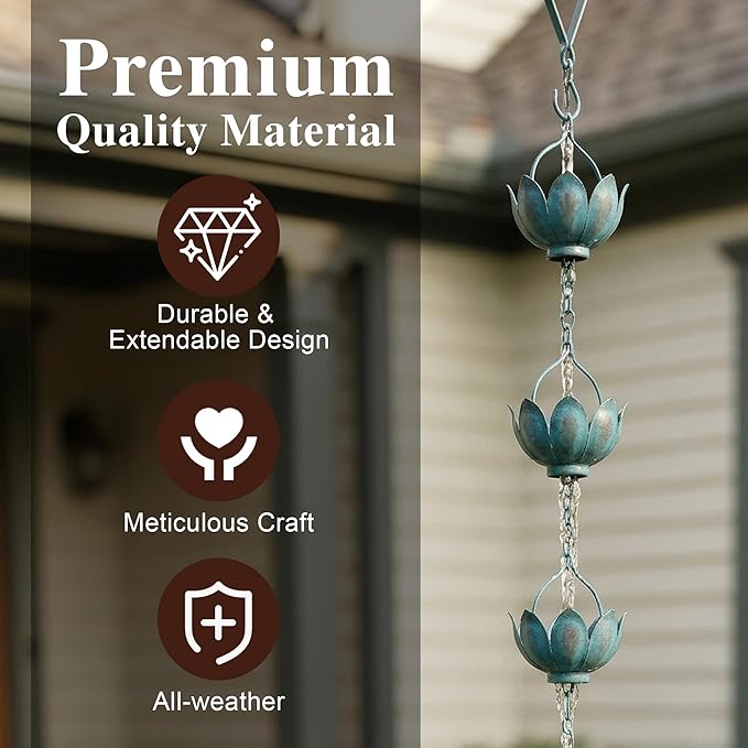 DUSVALLY Rain Chains, 8.5 FT Blue Lotus Shaped Rain Chain for Gutter Downspouts Eave Outdoor Garden