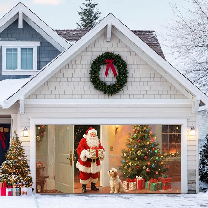 HOMETITUTE 13x6ft Christmas Garage Door Banner Santa with Dog Scene, Red Green Warm Light Backdrop Outdoor Indoor Xmas Wall Background Decor for Winter Holiday Porch Yard Seasonal Display