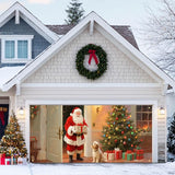 HOMETITUTE 13x6ft Christmas Garage Door Banner Santa with Dog Scene, Red Green Warm Light Backdrop Outdoor Indoor Xmas Wall Background Decor for Winter Holiday Porch Yard Seasonal Display