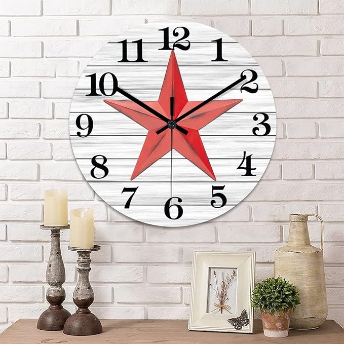 Rustic Wall Clock Western Texas Star Retro Wood Clock Non-Ticking Silent Battery Operated Easy to Read Modern Desk Clock for Kitchen Farmhouse Living Room Decor 12 Inch