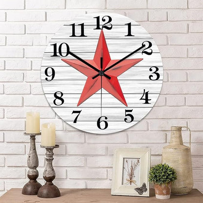 Retro Farmhouse Wall Clock Western Texas Star Vintage Retro Style Wood Clock Silent Non-Ticking Battery Operated Wooden Desk Clock for Living Room School Patio Home Accent 15 Inch