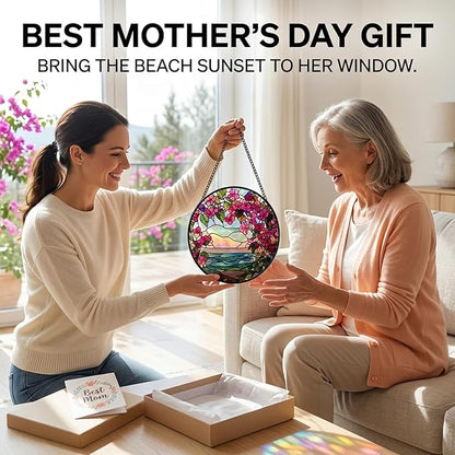 Birthday Gifts for Women - Ocean Flowers Faux Stained Glass Window Hanging Sun Catcher for Door Garden Acrylic Scenery Decor Mother's Day Christmas for Mom Men Nana Grandma Sisters 9.8"