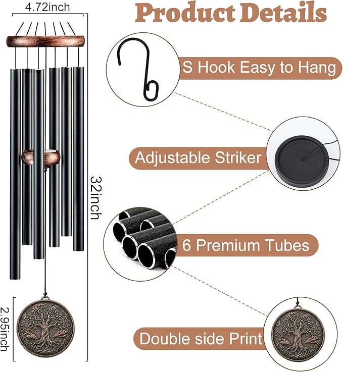 Tree of Life Wind Chimes for Outside - Hamdwerk 32" Deep Tone Wind Chime Outdoor, Mother's Day Christmas Birthday Housewarming Gifts for Mom Grandma, Memorial Sympathy Windchime for Garden Patio Decor