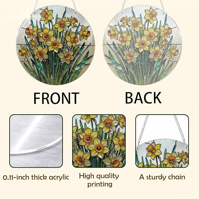 Daffodil Plant Flowers Sun Catchers, Acrylic Hanging Suncatcher for Home Garden Decor, Housewarming Decor, Birthday Gift for Women, Men, Wife, Aunt, and Mom, Flower Lover Gift