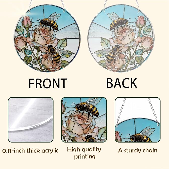 Bees Flowers Acrylic Suncatcher, Acrylic Suncatcher Window Hanging Decor, Bee Sun Catcher, Honeybee Gifts for Garden Lovers, Gifts for Mother's Day, Teacher Gift, Grandma Gift